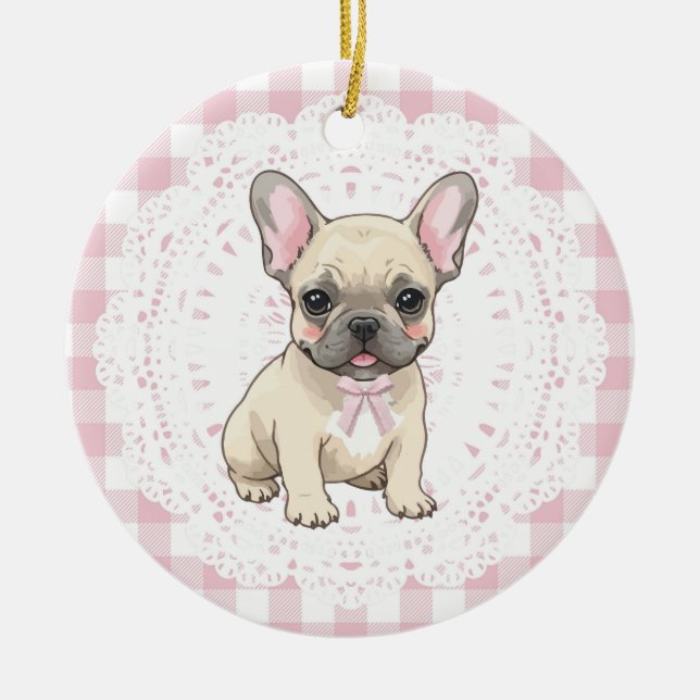 Coquette French Bulldog Dog Art Pink Gingham Bows Julgransprydnad Keramik (Framsidan)