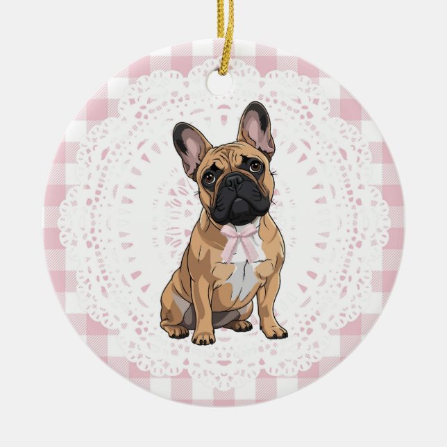 Coquette French Bulldog Dog Art Pink Gingham Bows Julgransprydnad Keramik (Framsidan)