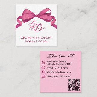 Coquette Fuchsia Bow Monogram Beauty QR Code Fyrkantigt Visitkort