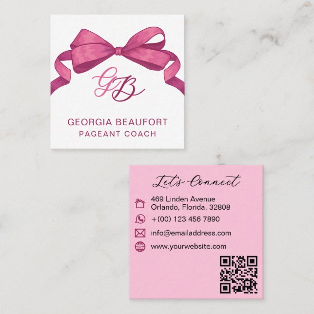 Coquette Fuchsia Bow Monogram Skönhet QR-kod Fyrkantigt Visitkort (Fram/baksida)