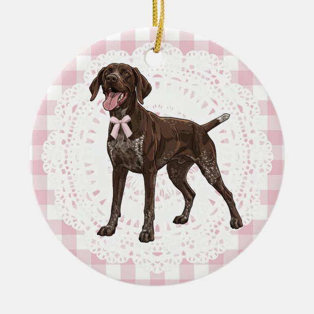 Coquette German Shorthaired Dog Pink Gingham Bows Julgransprydnad Keramik (Framsidan)