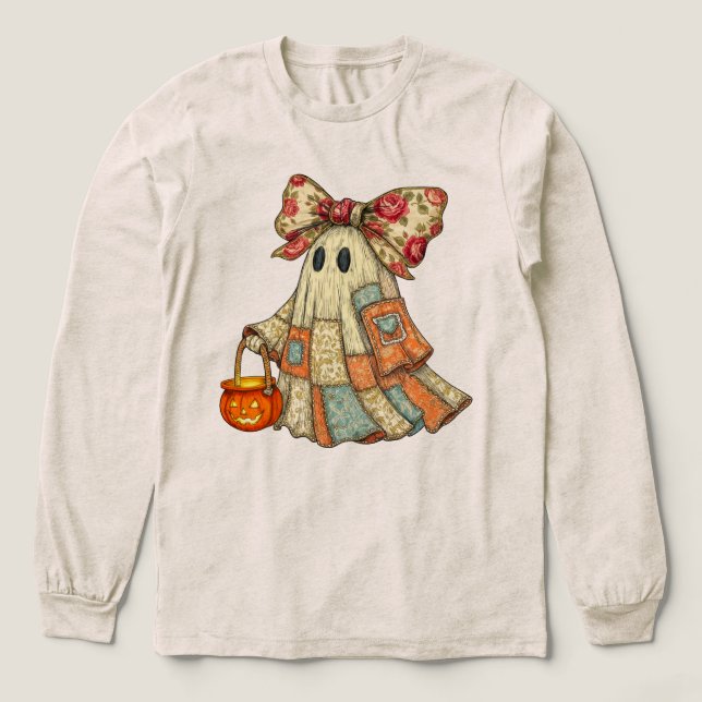 Coquette Ghost Bow Retro Blå Orange  Denim & Lappt T Shirt (Design framsida)