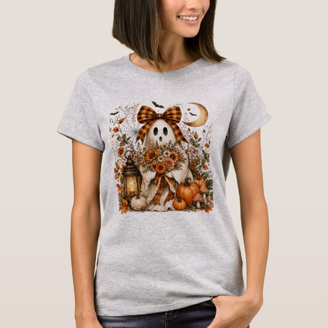 Coquette Ghost Plaid Bow Halloween T Shirt (Framsida)