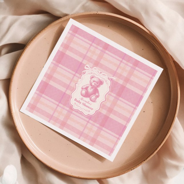 Coquette Gingham Fransk Nalle Baby Shower Pappersservett (Skapare uppladdad)