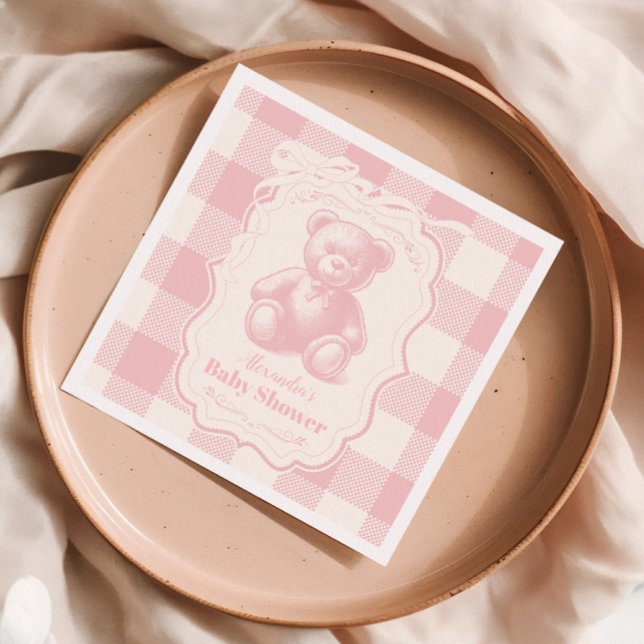 Coquette Gingham Fransk Nalle Baby Shower Pappersservett (Skapare uppladdad)