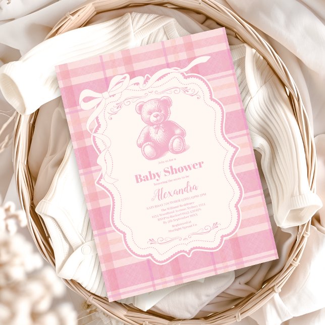 Coquette Gingham Fransk Teddybjörn Bebis Shower Inbjudningar (Skapare uppladdad)