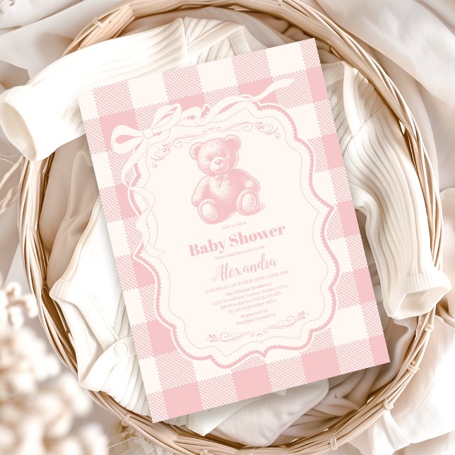 Coquette Gingham Fransk Teddybjörn Bebis Shower Inbjudningar (Skapare uppladdad)
