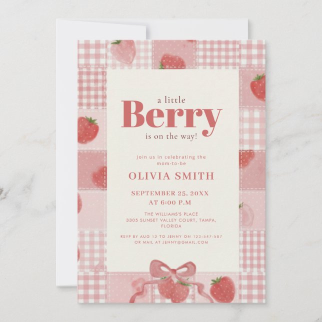 Coquette Gingham Jordgubbs Baby Shower Inbjudningar (Framsida)