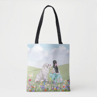 Coquette Girl and Hund Meadow Tote Bag Tygkasse