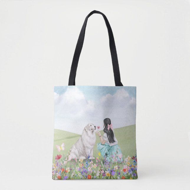 Coquette Girl and Hund Meadow Tote Bag Tygkasse (Framsida)