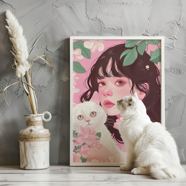Coquette Girl with White Cat Rosa Preppy Art Skriv Poster (Skapare uppladdad)