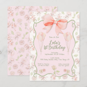 Coquette Girly Rosa Bow Toile Födelsedagsfest Inbjudningar