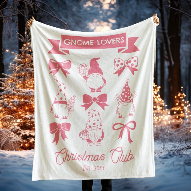 Coquette Gnome Älskare-Klubben - Rosa | Vit Fleecefilt (Coquette Gnome Lovers Christmas Club Pink and White Fleece Blanket)