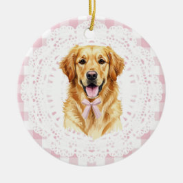 Coquette Golden Retriever Dog Pink Gingham Bows Julgransprydnad Keramik