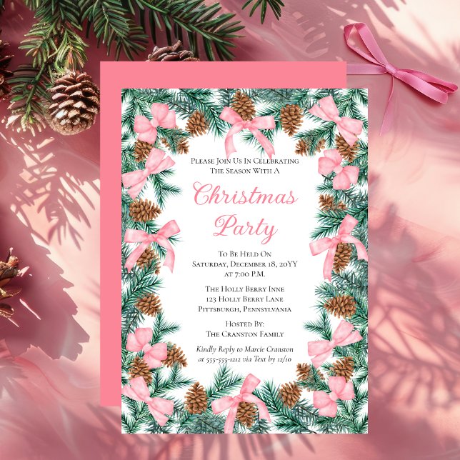 Coquette Gräs Boughs and Bows jul Party Inbjudningar (Elegant Coquette Style Pink Bows and Evergreen Pine Greenery Christmas Party Invitation)
