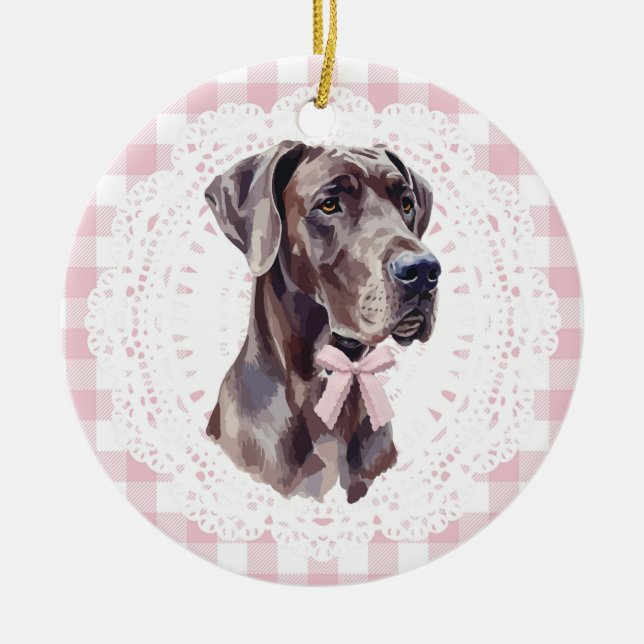 Coquette Great Dane Dog Pink Gingham Bows Julgransprydnad Keramik (Framsidan)