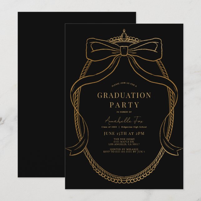 Coquette Guld Bow Ribbon Black Studentfest Inbjudningar (Fram/baksida)