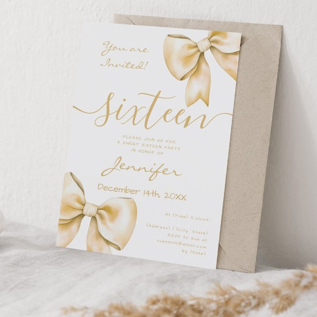 Coquette Guld Bow Sweet 16 Birthday Inbjudningar (Coquette Gold Bow Sweet 16 Birthday Invitation)