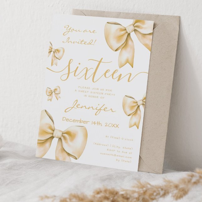 Coquette Guld Bow Sweet 16 Party Inbjudningar (Coquette Gold Bow Sweet 16 Party Invitation)
