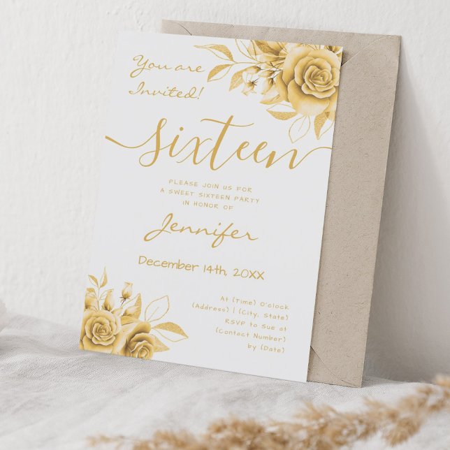 Coquette Guld Sweet 16 Blommigt Glam Inbjudningar (Coquette Gold Sweet 16 Floral Glam Invitation)
