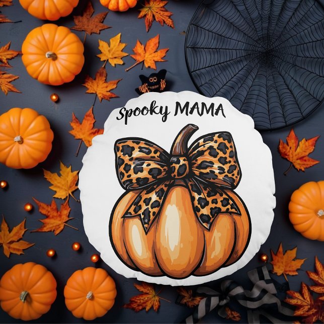 Coquette Halloween Leopart Pumpkin Bow Retro Rund Kudde (Coquette Halloween Leopart Pumpkin Bow Retro Round Pillow)