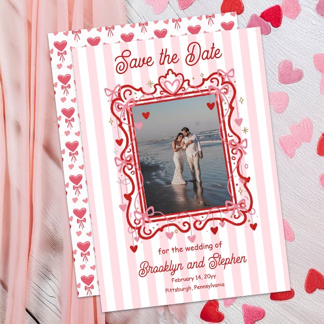 Coquette Hearts & Bows Bröllop Save the Date Meddelande (Coquette Hearts and Bows Photo Wedding Save the Date Announcement - Print | Digital Download)