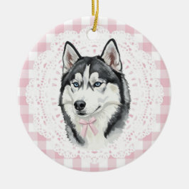 Coquette Husky Dog Pink Gingham Bows Julgransprydnad Keramik