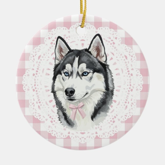 Coquette Husky Dog Pink Gingham Bows Julgransprydnad Keramik (Framsidan)