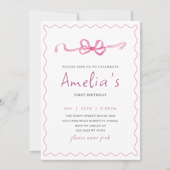 Coquette Invitation for Birthday Girl Bow Party  Inbjudningar (Framsida)