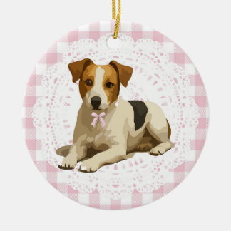 Coquette Jack Russel Terrier Dog Pink Gingham Bows Julgransprydnad Keramik