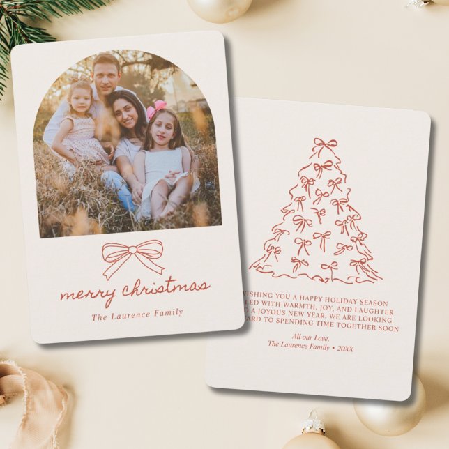 Coquette julgran doodle röd båge foto julkort (elegant photo christmas cards)