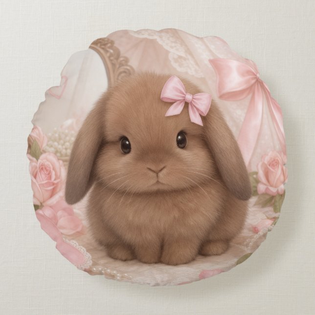coquette kanin rosa rosett rund kudde  (Framsidan)