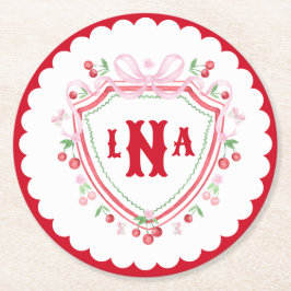 Coquette Körsbär Monogram Krönings Bröllopsfest Underlägg Papper Rund