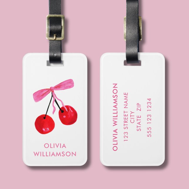 Coquette Körsbär & Rosa Båg Bagage Tag Bagagebricka (Coquette Cherry & pink bow pattern luggage tag)