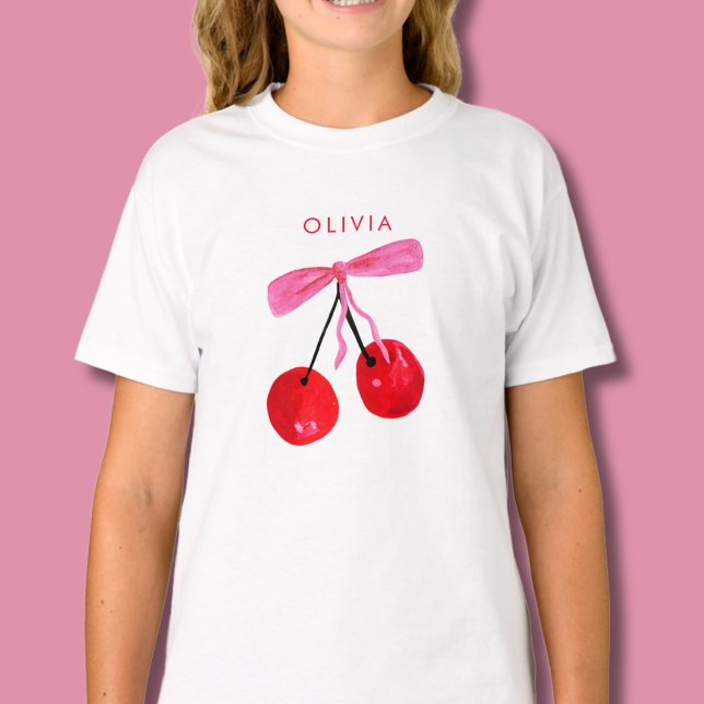 Coquette Körsbär & Slöja T Shirt (Coquette cherry and bow girly t-shirt. Personalize with your own name or initials.)