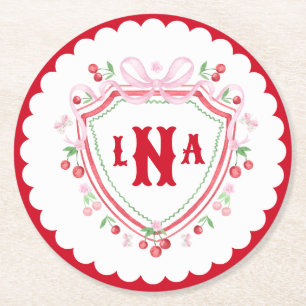 Coquette Körsbärsmonogram Krönings Bröllopsdusch Underlägg Papper Rund