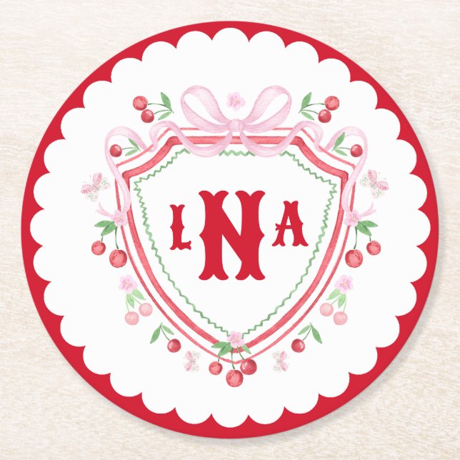 Coquette Körsbärsmonogram Krönings Bröllopsdusch Underlägg Papper Rund (Framsidan)