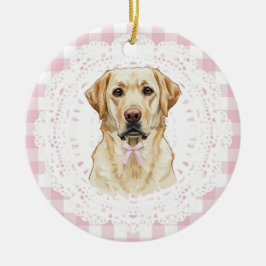 Coquette Labrador Dog Art Pink Gingham Bows Julgransprydnad Keramik