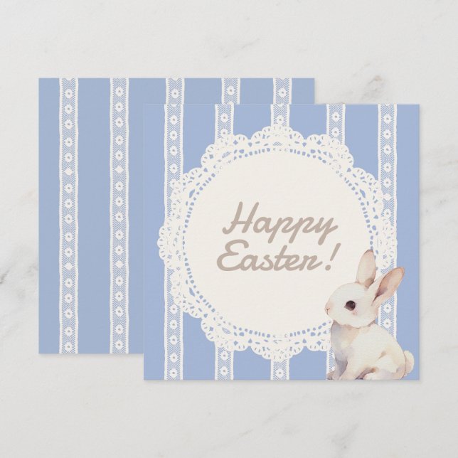 Coquette Lace Doily Bunny Blue Flat Holiday Card Julkort (Fram/baksida)
