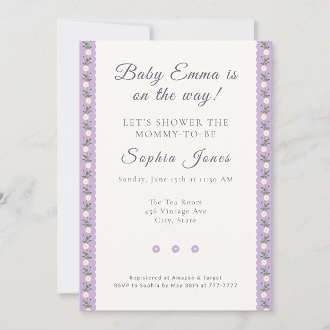 Coquette Lavender Scallop Floral Inbjudningar (Framsida)