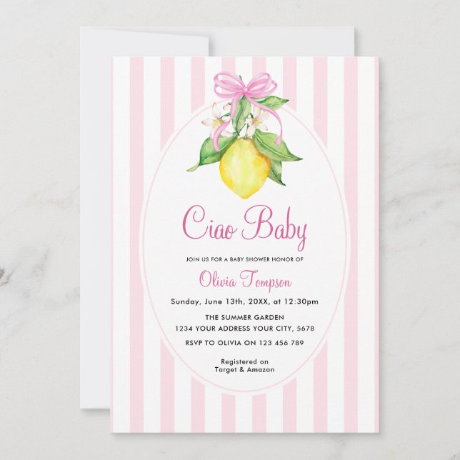 Coquette Lemon Pink Ciao Baby Shower Inbjudningar (Framsida)
