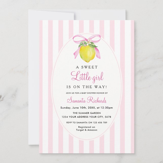 Coquette Lemon Rosa Bebis Kalas Inbjudningar (Framsida)