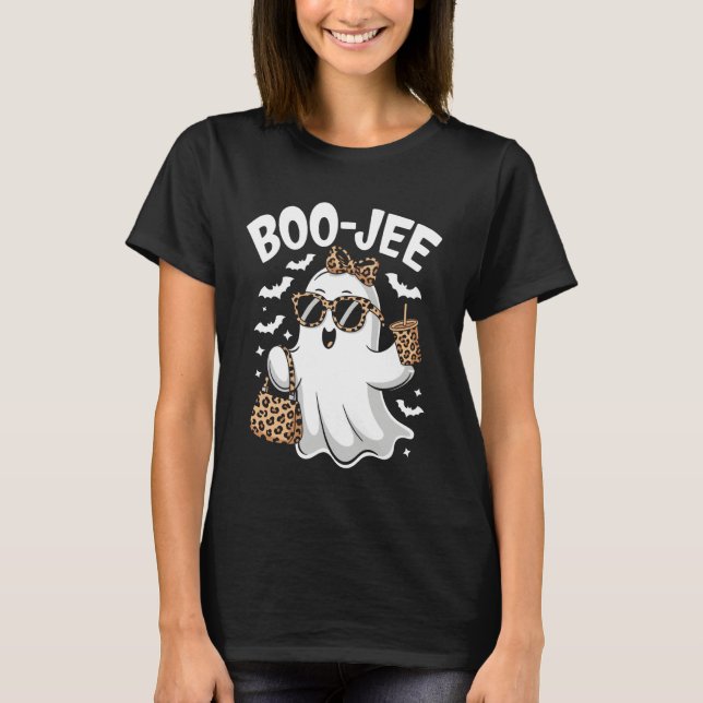 Coquette Leopard Ghost Kaffe Boo-JEE Halloween Bo T Shirt (Framsida)