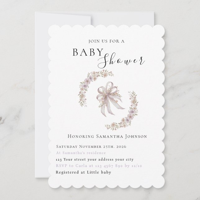 Coquette lila baby shower -inbjudan  inbjudningar (Framsida)