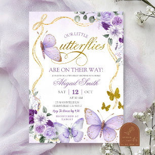 Coquette lila fjäril tvillingar baby shower inbjudningar