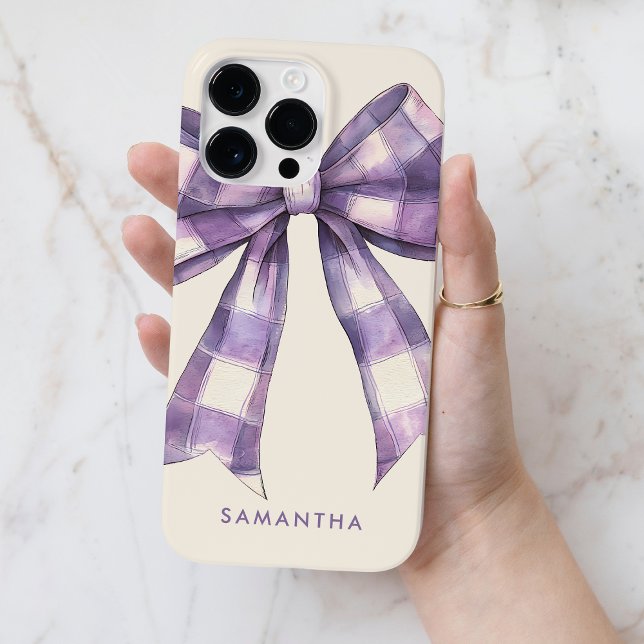 Coquette Lila Watercolor Checkded Bow med Namn (Coquette Purple Watercolor Checkered Bow with Name Case-Mate iPhone Case)