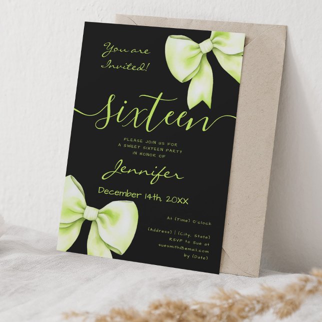 Coquette Lime Green Bow Sweet 16 Birthday Black Inbjudningar (Coquette Lime Green Bow Sweet 16 Birthday Black Invitation)