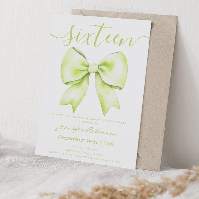 Coquette Lime Green Bow Sweet 16 Birthday Inbjudningar (Coquette Lime Green Bow Sweet 16 Birthday Invitation)