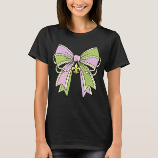 Coquette Mardi Gras Bow Pearls Ribbon Women Girls  T Shirt