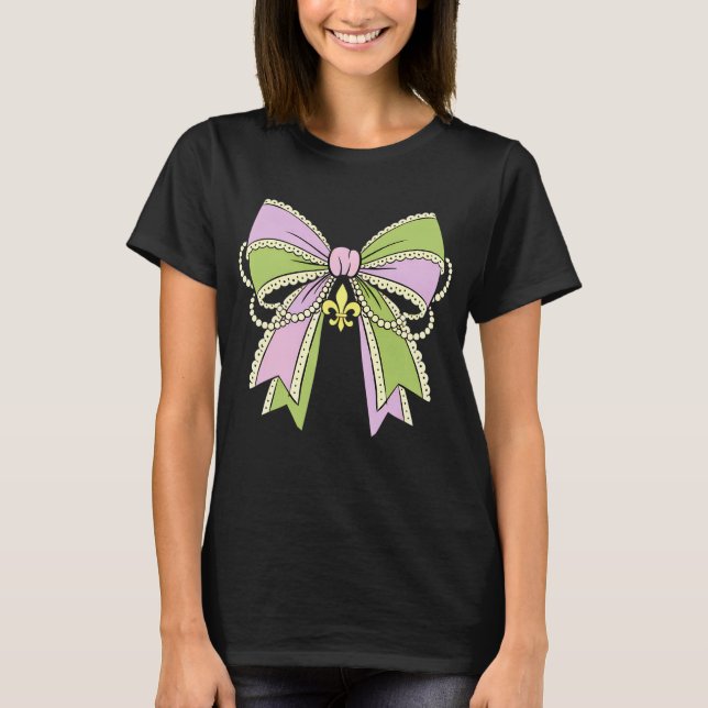 Coquette Mardi Gras Bow Pearls Ribbon Women Girls  T Shirt (Framsida)